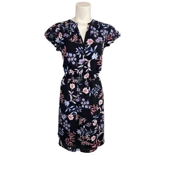 Elle Dresses & Skirts - ELLE Black Pink Floral Split Neckline A‎ Line Dress Sz Medium